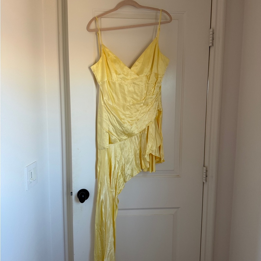 Bardot Yellow Asymmetrical Satin Slip Dress